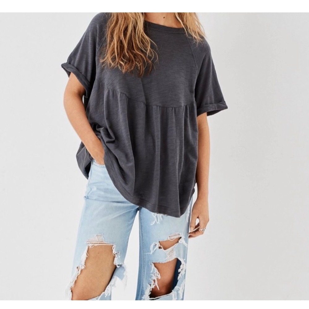 American Eagle Charcoal Gray Babydoll Peplum Top Short Sleeve Keyhole Back Small